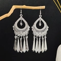 Ethnic silver-style bohemian drop earrings with leaf tassels on natural wood - Silver Water Drop Hollow Tapered Tassel Style (E6073-47)