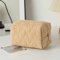 Beige quilted cosmetic bag with diamond lattice pattern and large capacity storage - Light Coffee