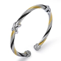 Three-tone twisted cable bangle with silver X-shaped buckle detail in open cuff style - Black and Gold