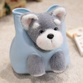 Plüschige hellblaue Schnauzer Handtasche mit dekorativem 3D-Welpen aus grauem Pelz - Schnauzer-Stil / 18cm (Ohne Gurt)