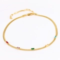Detail of 18k gold plated snake chain anklet featuring five colorful rectangular gemstones - Colorful Zirconia