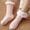 Pink knitted floor socks with warm white fleece lining and non-slip grippers on soles - One Size / Argyle Pink