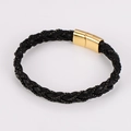 Bracciale da uomo in pelle intrecciata nera con catena grigia e chiusura magnetica oro - Nero