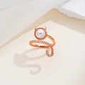 Minimalist cat ring in rose gold with pearl and sparkling zircon stones for women - Adjustable Open / Rose Gold