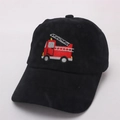 Close-up of black children's baseball cap featuring a detailed red fire truck embroidery - Kids Size / Fire Truck Embroidery / Black
