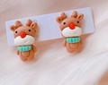 Close-up of cute Christmas reindeer clip-on earrings with festive red nose and green scarf - 12# Reindeer / Clip-on Earrings Pair