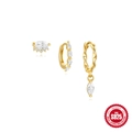 Ensemble de 3 boucles d'oreilles en argent S925 doré avec diamants octogonaux et pendentif goutte - Argent 925 / Ensemble 3pcs Or #3