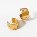 Golden C-shaped hoop earrings with zircon star engraving and polished finish - Gold Earrings (KD3438)