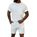 Men's summer white waffle knit short sleeve t-shirt and drawstring shorts two-piece set - M / White