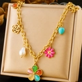 Gold chain necklace with colorful resin flowers, pearls, butterflies, and heart charms - Multi-Pendant Style (N2892)