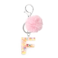 Pink fluffy pompom keychain with clear resin letter F filled with heart sequins - Letter F