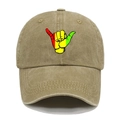 Vintage khaki washed cotton baseball cap with Shaka hand gesture embroidery - M (56-58cm) / Khaki