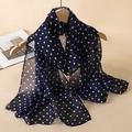 Classic navy blue chiffon scarf with white polka dots hanging on a wooden hanger - Navy White Polka Dot