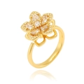 Detailed close-up of a golden flower ring with sparkling gemstones and an adjustable band - Adjustable Open / Multi-layer Petal Style (J1501-B)