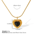 Golden stainless steel necklace with a 13.4mm heart-shaped black glass stone pendant - Black Glass Stone Heart Gold Necklace (XL92)