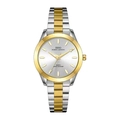 Detailed macro view of silver and gold watch band with a sunray brushed dial - Two-tone Case White Dial