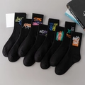 Set of seven black cotton sports crew socks with colorful street graffiti embroidery - 8 Pairs (Styles 16, 18, 19, 22, 24, 26-28)
