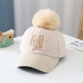 Detail of baby teddy fleece baseball cap with M embroidery and faux fur pom pom - Beige