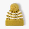 Bonnet tricoté à rayures jaune et blanc avec grand pompon pour temps froid - Réglable / Motif à Vagues Jaunes (23B004黄色)