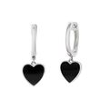 Detailed view of silver hoop earrings with heart-shaped black enamel pendant charms - Black Heart Dangle Earrings (Silver) (JQH0190-SS)