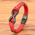 Red braided leather bracelet for men featuring a black infinity symbol magnetic buckle - Red Leather Black Clasp