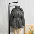 Detail of dark grey drawstring hooded cotton jacket with a subtle glossy finish - S / Gray