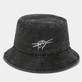 Detail of washed denim bucket hat with white embroidery logo and metal eyelets - M (56-58cm) / Black