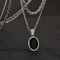 Hip hop style silver twist chain necklace featuring an oval black gemstone pendant - Double Layer Oval