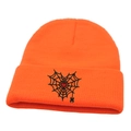 Bright orange knit beanie with black gothic spider web heart embroidery for winter style - M (56-58cm) / Orange