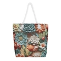 Ethnic embroidered canvas tote bag with floral succulents pattern and white rope handles - Succulent Pattern A