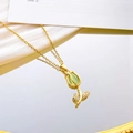 Golden tulip pendant necklace with pale green cat eye stone and zircon accents - Light Green Cat Eye Necklace / Gold