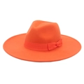 Close-up of bright orange wool felt fedora hat featuring a wide brim and ribbon bow detail - Adult (57-60cm) / 9.5cm Wide Brim / Orange