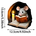3D wall sticker featuring a cute mouse reading by candlelight in a broken wall hole - White Mouse Reading by Candlelight (UV50009T_T)