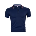 Detail of navy blue polo shirt with striped collar trim and fine mesh knit texture - S / Navy Blue