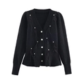 Cardigan noir en maille avec col en V, boutons perlés et détails de franges en plumes - S / Noir