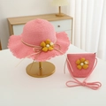 Detail von rosa Strohhut und passender Tasche mit gelber Blume für Kinder-Strandausflüge - 54cm (Empfohlen 2-10 Jahre) / Wassermelonenroter Hut + Tasche