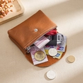Tan lychee grain leather coin purse with metal zipper and snap button closure - Brown (Double Layer)