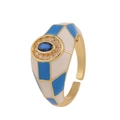 Detail of checkered enamel ring with blue oval stone and cubic zirconia inlay - Adjustable Open / Dark Blue and White