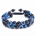 Double-layer braided evil eye bracelet with blue tiger eye stones and black magnetic beads - Blue Tiger Eye with Black Beads and Evil Eye Bracelet