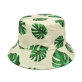 Detail view of tropical green leaf pattern and reinforced stitching on beige sun hat - M (56-58cm) / Beige
