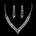 Elegant silver-plated V-shaped rhinestone necklace and dangling earrings bridal jewelry set - 692 Jewelry Set / Silver