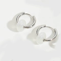 Macro shot of silver hoop earrings with translucent white stone pendants and clip closure - White Agate Hoop Earrings