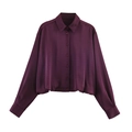 Elegant purple satin shirt with balloon silhouette and elastic hem for women - XS / Fuschia