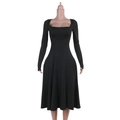 Detail view of square neck long sleeve midi dress with A-line skirt on a mannequin - S / Black