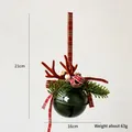 Dark green matte Christmas bell with reindeer antlers and red plaid bow decoration - Green Reindeer Antler Bell