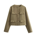 Short khaki tweed jacket for women featuring round neck and gold decorative buttons - S / Olive Green