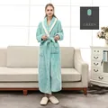 Thick winter bean green flannel bathrobe with white plush trim and belt closure - Pea Green [Female]