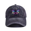 Vintage dark grey washed cotton baseball cap with colorful butterfly embroidery detail - Adjustable / Washed Black