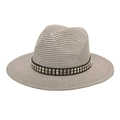 Close-up of light grey straw fedora hat featuring black band with gold square studs - M (56-58cm) / Light Gray