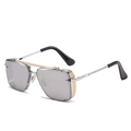 Silver steampunk square sunglasses with golden mesh side shields and grey lenses - Silver Frame / Silver Mirror Lens